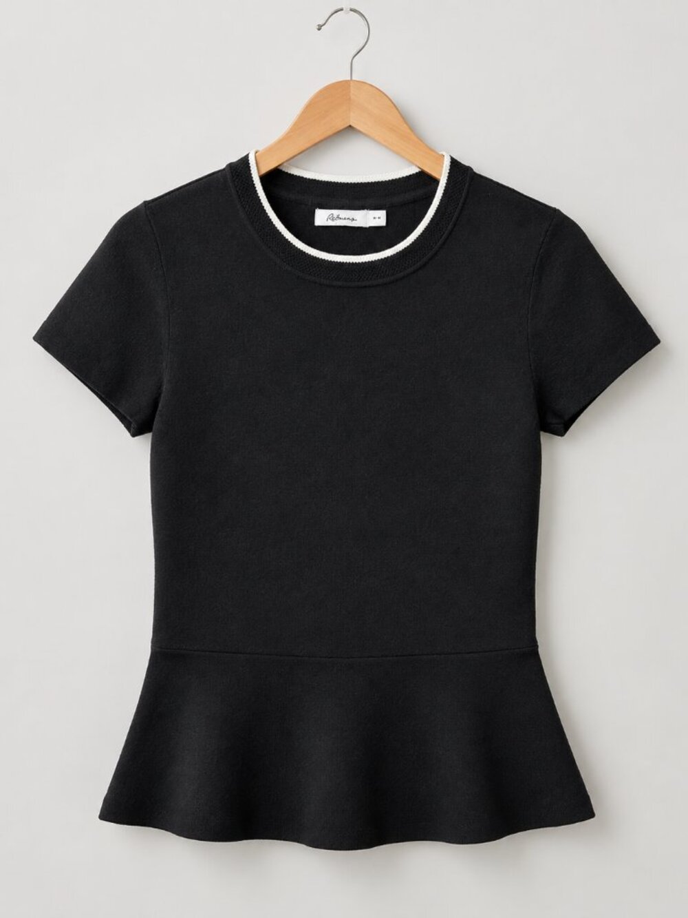 Peplum Black Knit Top White Trim Size M Office Minimalist